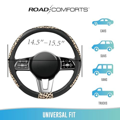 Road Comforts Steering Wheel Cover - Made with PVC Leather and Leopard Fabric - Universal 14 1/2 inches to 15 inches for Most Automotive Steering Wheel - Cheetah Print - Black