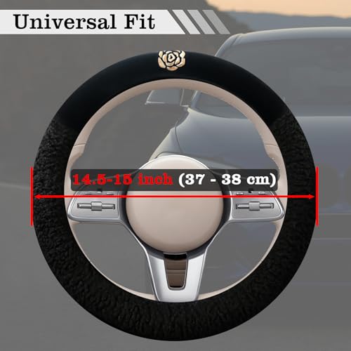Black Camellia Lambswool Steering Wheel Cover, for Universal Auto Steering Wheel 14.5-15 in, Lambswool Fabric, Anti-Slip, Soft Plush, Comforting and Luxurious, Embroidery Patterns, Soft Texture - color: Black