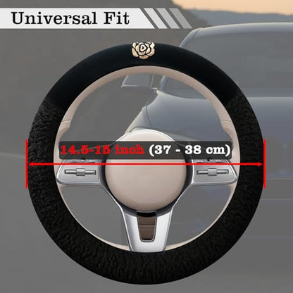 Black Camellia Lambswool Steering Wheel Cover, for Universal Auto Steering Wheel 14.5-15 in, Lambswool Fabric, Anti-Slip, Soft Plush, Comforting and Luxurious, Embroidery Patterns, Soft Texture - color: Black
