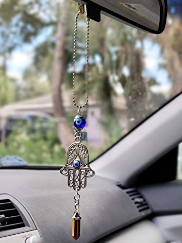 LUCKBOOSTIUM Hamsa Hand Amulet - Evil Eye Car Hanging Charm, Rearview Mirror Ornament, Goldstone Car Accessory, Protective Symbol for Luck & Positivity (2"x11") - color: Goldstone