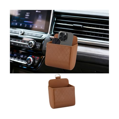 Car Vent Storage Bag, Leather Vehicle Dashboard Tidy Storage Hanging Case with Hook for Key Coin Cell Phone, Automotive Hanging Organizer Pocket Accessories, Universal Fit (Brown) - color: Brown