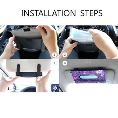 Car Visor Tissue Holder, Sparkling PU Leather Mask Box, Bling Crystals Cover Case & Glitter Mask Hook Clip for Women (Purple)