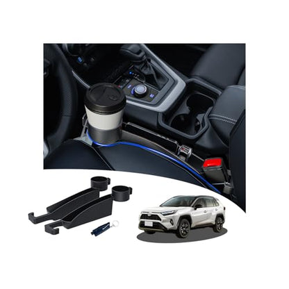 Seat gap filler Compatible with Toyota RAV4.Deeper Than Standard Retail Models(7.5cm)|Added Cup Holder (2 Fixed Points) + Hooks + Charging Cable Port |2pcs Black| Free Window Break Hammer 1pcs|