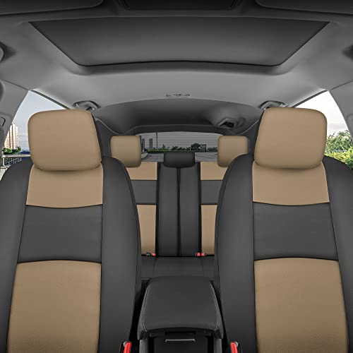 BDK Beige Faux Leather Car Seat Covers Full Set with Matching Carpet Car Floor Mats - Universal Front & Back Bench Car Seat Protector & Car Mats Full Set for SUV & Truck Automotive Interior Liner - color: Beige