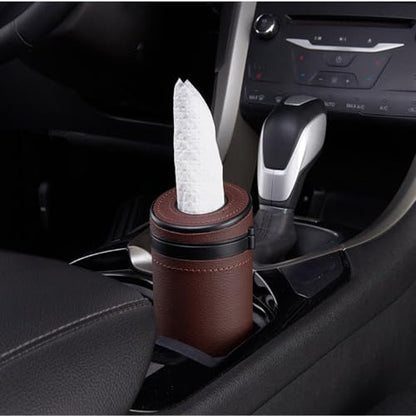 2 Pcs Car Tissue Holder, Multi-Purpose Round PU Leather Paper Tube with Window Breaker for Travel Facial Tissues Organizer, Car, Home, Bathroom, Office Use(Black&Brown)