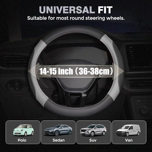 Car Steering Wheel Cover, Microfiber Leather Steering Wheel Covers with Anti-Slip Lining, Breathable Elastic Car Steering Wheel Protector, Universal Standard Size 14-15 inch - color: GrayBlack