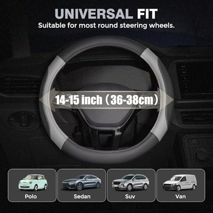 Car Steering Wheel Cover, Microfiber Leather Steering Wheel Covers with Anti-Slip Lining, Breathable Elastic Car Steering Wheel Protector, Universal Standard Size 14-15 inch - color: GrayBlack