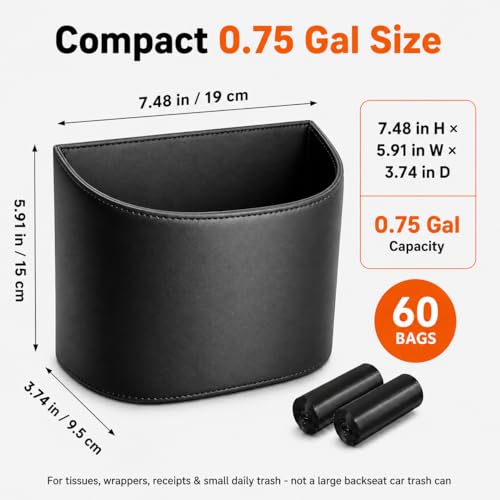 COZILO Leather Car Trash Can – Leakproof & Easy-to-Clean Car Garbage Can for Luxury Cars, SUVs & Trucks | Includes 60 Custom Liners, Secure Hook, Easy Install, Black - color: Black (small)