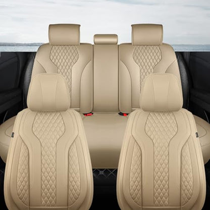 Leather Car Seat Covers Full Set, Breathable Faux Leather Seat Covers for Cars SUV Sedan Waterproof Beige - color: Beige