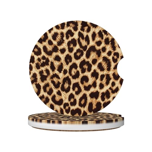 Leopard Print Car Cup Holder Coasters 2 Pack Universal 2.63 Inch Anti Slip Ceramic Absorbent Coaster with Cork Base and Finger Notch Cute Car Accessories Interior for Women - color: Brown