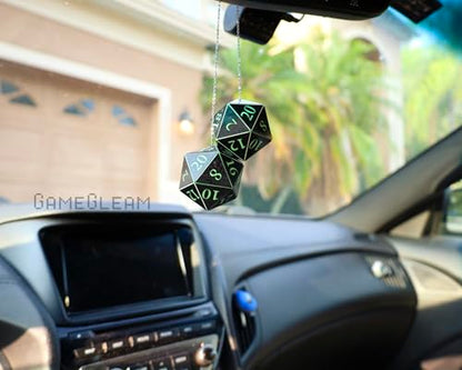 Pair of D20 Car Mirror Dice [2" Black and Green Holographic - "Alien Invasion"] - Handmade hanging car charm rear view mirror danglers - A magical and decorative gift for him or her - GameGleam