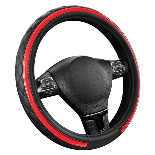 Road Comforts Leather Steering Wheel Cover – Black & Red Universal Fit 14.5-15 Inch, Microfiber Leather, Anti-Slip & Breathable Design for Men and Women - color: Red