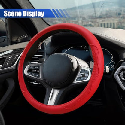 Car Steering Wheel Cover, 15 Inch Leather Anti-Slip Breathable Automotive Steering Wheel Protector, Universal Heat Resistant Vehicle Interior Accessories Cars, SUVs, Trucks(Red) - color: Red