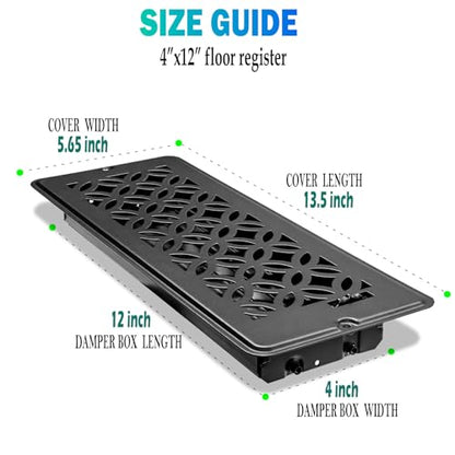 4 x12 Floor Register, Floor Vent Cover, Screws Included, Air Vents, All Steel Heavy Duty Floor Register, Easy Adjustable Air Supply Lever (4"X12" Black, 6Pack) - color: 4 x12 Black, 6Pack