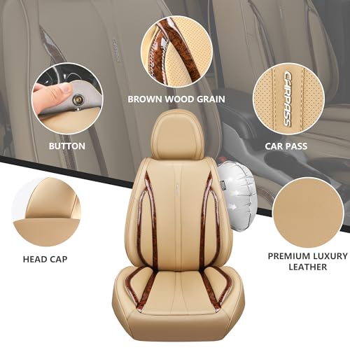 CAR PASS Beige Leather Car Seat Covers, Breathable Waterproof Nappa Automotive Seat Covers Full Set, Anti-Slip Driver Seat Cushion with Backrest Universal Fits SUV Pick-up Truck Sedan, Wood Grain - color: Beige Wood Grain, size: Full Set