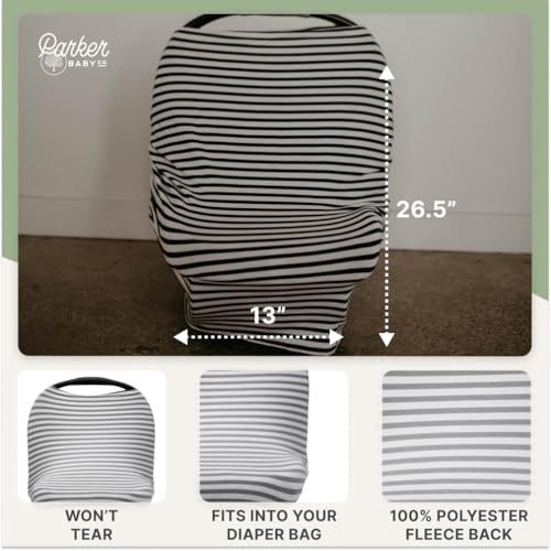 Parker Baby 4 in 1 Car Seat Cover for Girls and Boys - Stretchy Carseat Canopy, Nursing Cover, Grocery Cart Cover, High Chair Cover - Gray/White Stripes - color: Gray, White Stripes