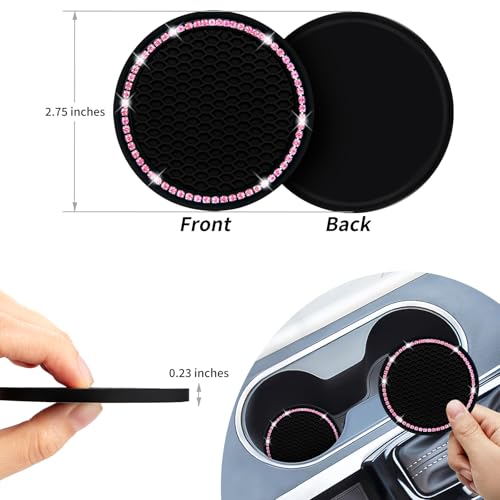Car Coasters, Senose Bling Car Accessories for Women, Universal 2.75" Anti-Slip Silicone Cup Holder Coasters for Car, Cute Automotive Cup Holders Diamond Vehicle Interior Decor (Black Pink, 2 Pack)