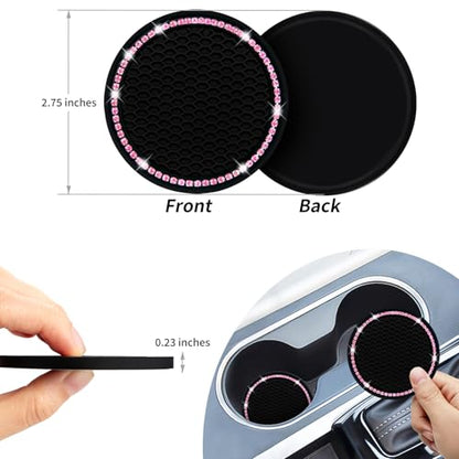 Car Coasters, Senose Bling Car Accessories for Women, Universal 2.75" Anti-Slip Silicone Cup Holder Coasters for Car, Cute Automotive Cup Holders Diamond Vehicle Interior Decor (Black Pink, 2 Pack)
