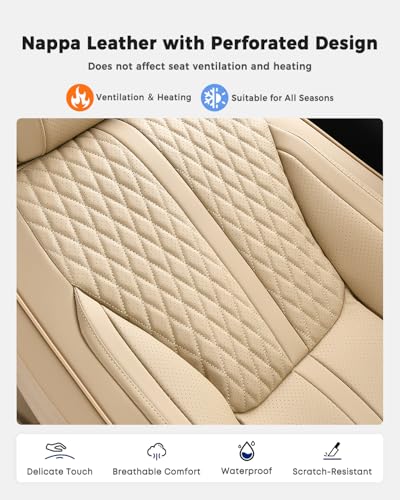 Huidasource Beige Back Seat Covers, Luxury Nappa Leather Rear Seat Cover with Velcro Adjustable, Child Seats, Ventilation Holes, Seat Belts, Car Back Seat Cover Fit for Most Cars SUV Trucks, Beige - color: R# Beige, size: Rear