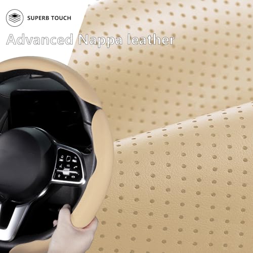 Car Steering Wheel Cover Leather Snap On 3Pcs Set Non-Slip Protector Wrap Steering Wheel Accessories 14.5-15 inch Universal Beige - color: Beige