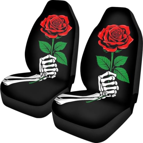 Pehede Car Seat Cover Skeleton Hand Holding Red Rose Front for Cars, Easy to Install Cover Set, Accessories Auto Trucks Van SUV,2 Packs - color: Multi34