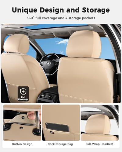 Huidasource Car Seat Covers Full Set, Leather Seat Cover Universal Fit for Most Cars Sedans SUVs Trucks, Airbag Compatible, Cup Holder Access, Easy Install, Wipes Clean, Wear-Resistant, Beige - color: A-Beige, size: 5pcs Full Set