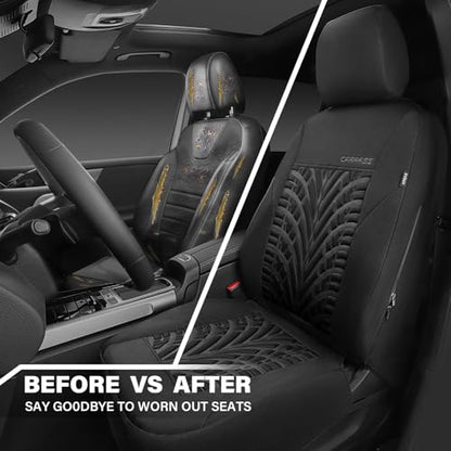 CAR PASS Neoprene Waterproof Seat Covers,Wetsuit Car Seat Covers Front Seats Universal Fit for Vans, Truck, SUV Two Front Only, 3D Tyre Embossed Anti Slip with Armrests, Airbag Compatible(Black) - color: Black Pure, size: Two Front