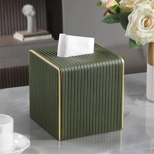 PU Leather Tissue Box Cover Square Tissue Box Holder with Magnetic Closure (Green Fluted) - color: Green Fluted