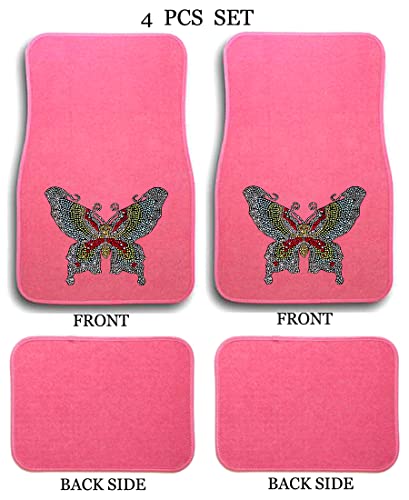Universal Fit Front/Rear 4-Piece Full Set Crystal Bling Rhinestone Design Studded Carpet Car SUV Truck Pink Floor Mats - 4 Pcs Set (Swallowtail-Pink) - color: Swallowtail-Pink