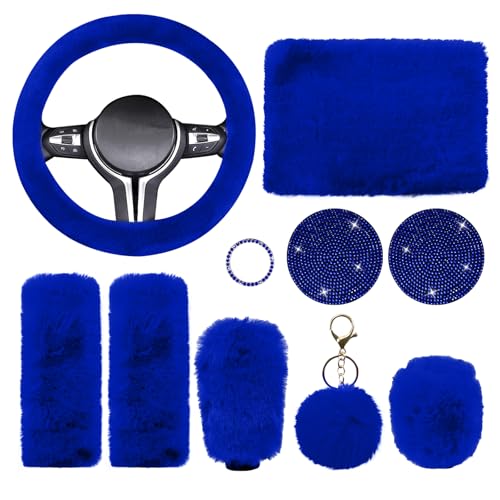 Wuyaoyao 10PCS Fluffy Car Accessories Set for Women Girls, Cute Furry Steering Wheel Cover, Gear Shift & Handbrake Cover, Armrest Pad, Seat Belt Shoulder Pads, Diamond Ignition Ring & Cup Mats (Blue)