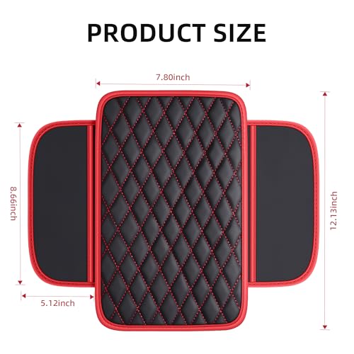 Waterproof Leather Car Center Console Pad with 2 Storage Bags, Auto Armrest Box Cover Protector, Comfortable Interior Accessories for Most Household Cars, Sedans & SUV (Black Red Stitch)