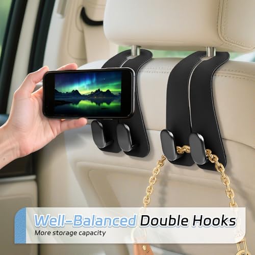 Car Seat Headrest Hooks - 2 Pack Universal Car Purse Hook, Leather Car Bag Purse Holder with Double Metal Hooks for Handbags, Grocery Bags, Bottles, Phones - color: Black