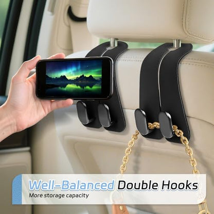 Car Seat Headrest Hooks - 2 Pack Universal Car Purse Hook, Leather Car Bag Purse Holder with Double Metal Hooks for Handbags, Grocery Bags, Bottles, Phones - color: Black