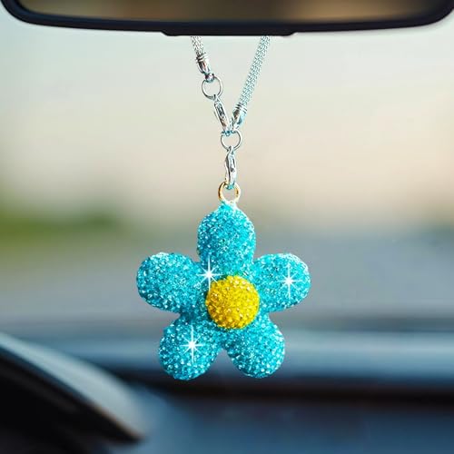 Bling Daisy Flower Car Hanging Ornament for Women, Cute Crystal Rear View Mirror Pendant Charms Sparkly Diamond Aesthetic Automotive Interior Decor Accessories (Blue) - color: Blue