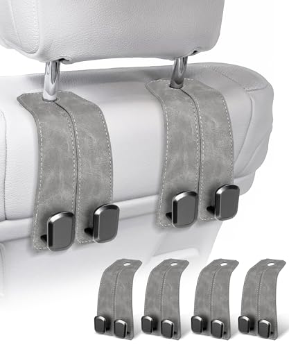 Car Purse Holder - Luxurious Leather, 4PCS Headrest Hooks with 100% Metal Hangers for Seat, Multifunctional Car Bag Hooks, Grey - color: GREY 4Pack