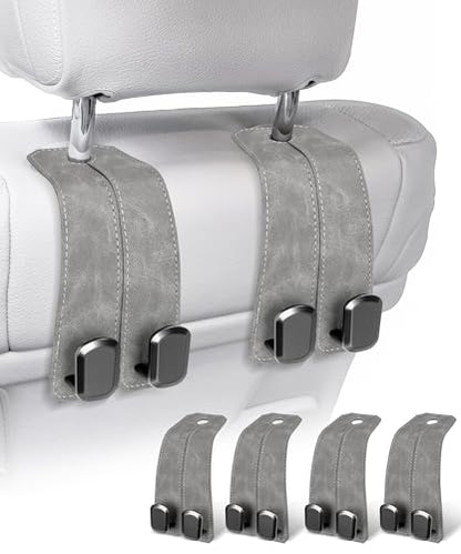 Car Purse Holder - Luxurious Leather, 4PCS Headrest Hooks with 100% Metal Hangers for Seat, Multifunctional Car Bag Hooks, Grey - color: GREY 4Pack