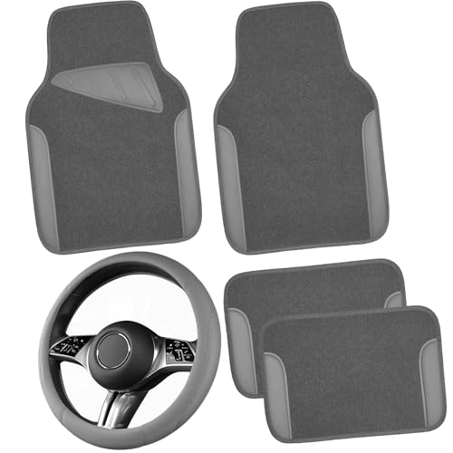 CAR PASS Microfiber Leather Steering Wheel Cover and Waterproof Car Floor Mats,Universal Car Combo Fit for 95% Sedan,SUV,Cars,14.5-15inch Anti-Slip Safety Comfortable Faux Leather Design(Solid Gray) - color: All Gray