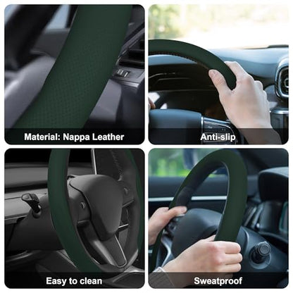 Nappa Leather Steering Wheel Cover,Universal Fit 15 Inch-Premium Non-Slip Breathable Comfort Grip for Cars Trucks SUVs,Anti-Slip Durable Interior Upgrade Dark Green - color: Dark Green