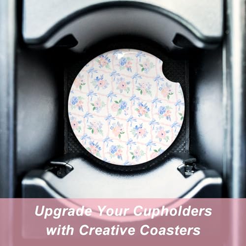 Car Coasters Set of 2, 2.6x2.6 Inch – Absorbent Cup Holder Coasters with Pastel Floral & Blue Bow Pattern – Cute Coquette Car Cup Coasters for Women - color: Blue