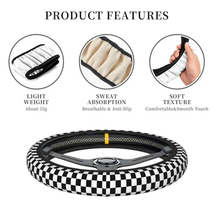 Black and White Checkered Pattern Universal Steering Wheel Covers, Cute Car Accessories for Women Girls Car Truck - color: Black And White Checkered Pattern