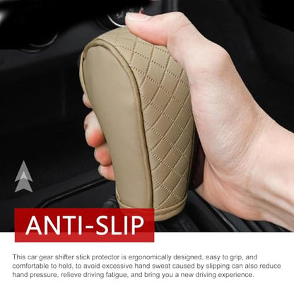 Car Gear Shift Cover, Upgraded Leather Shift Knob Cover, Anti-Slip Breathable Automotive Gear Shifter Decoration Protector, Universal for Most Cars SUVs Trucks (Beige)