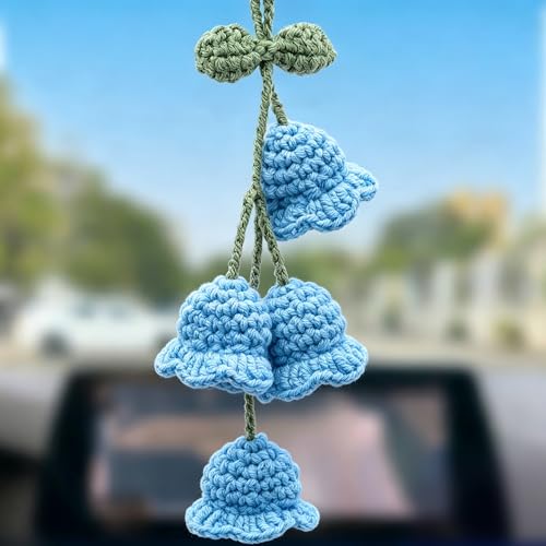 Car Mirror Hanging Accessories - Handmade Knitted Lily Flower Pendant, Cute Crochet Hanging Decor for Rearview Mirror, Women's Car Interior Decoration (1 PCS, Blue) - color: Blue-4