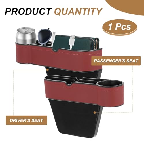 HARFINGTON Car Seat Gap Filler Organizer 10.6 x 7.1 x 2.8 Inch ABS+Leather Universal Car Organizer Storage Box Between Seat and Console (Left) with Cup Holders for Phone Keys, Wine Red - color: Red
