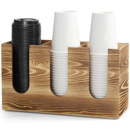 Wooden Coffee Cup and Lid Organizer for Countertop, 3 Compartments Cup Holder Dispenser, Fits 16–24 oz Disposable Cups, Coffee Bar Cup Organizer, Breakroom Kitchen Counter Cup Holder