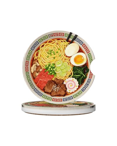 Car Cup Holder Coasters, 2 Pcs Ceramic Coasters with Cork Back and Finger Slot, Anti-Slip Shock Absorbing Woman and Men Universal Car Accessories - Ramen - color: Ramen