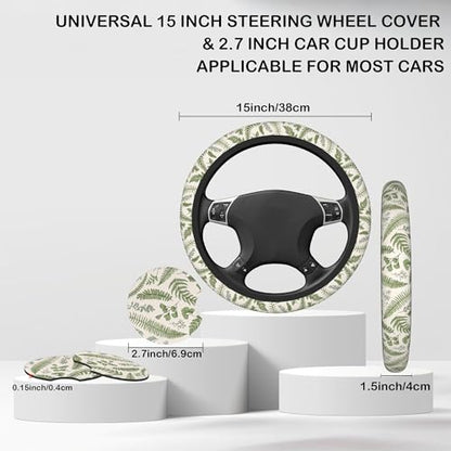 Leaves and Herbs Steering Wheel Cover with 2 Pcs Car Coasters Neoprene Steering Wheel Cover for Women Men Anti-Slip Breathable Car Accessories Universal 15 Inch Fit Auto Cars Trucks - color: Leaves and Herbs