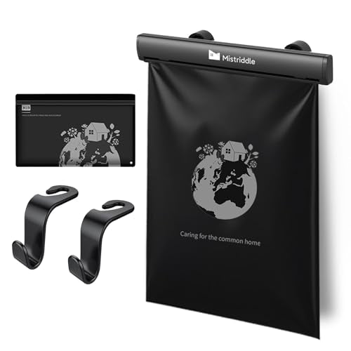 Mistriddle Headrest Hanging Car Trash Bag Holder - Aluminum Alloy with 25 Disposable Trash Bags, 2 Headrest Hooks, Compact Car Garbage Bin for Back Seat, Office, Travel & Camping (Black)