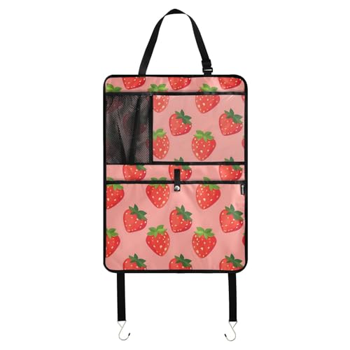 JIPONI Car Backseat Organizer, Strawberrys Pink Automotive Back Seat Protector, Kick Mats with Storage Pockets for Kids Pets, Road Trip Accessories - color: Pink, size: 1 Pack