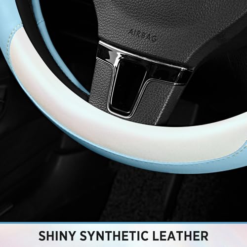 Road Comforts Steering Wheel Cover – Breathable Leather Steering Wheel Cover, Anti-Slip Grip, Universal Fit 14.5” to 15”, Heat & Cold Resistant for Cars, SUVs, and Trucks – Shining White & Blue - color: White&Blue