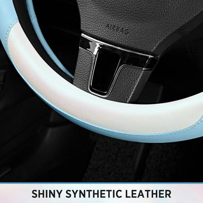 Road Comforts Steering Wheel Cover – Breathable Leather Steering Wheel Cover, Anti-Slip Grip, Universal Fit 14.5” to 15”, Heat & Cold Resistant for Cars, SUVs, and Trucks – Shining White & Blue - color: White&Blue